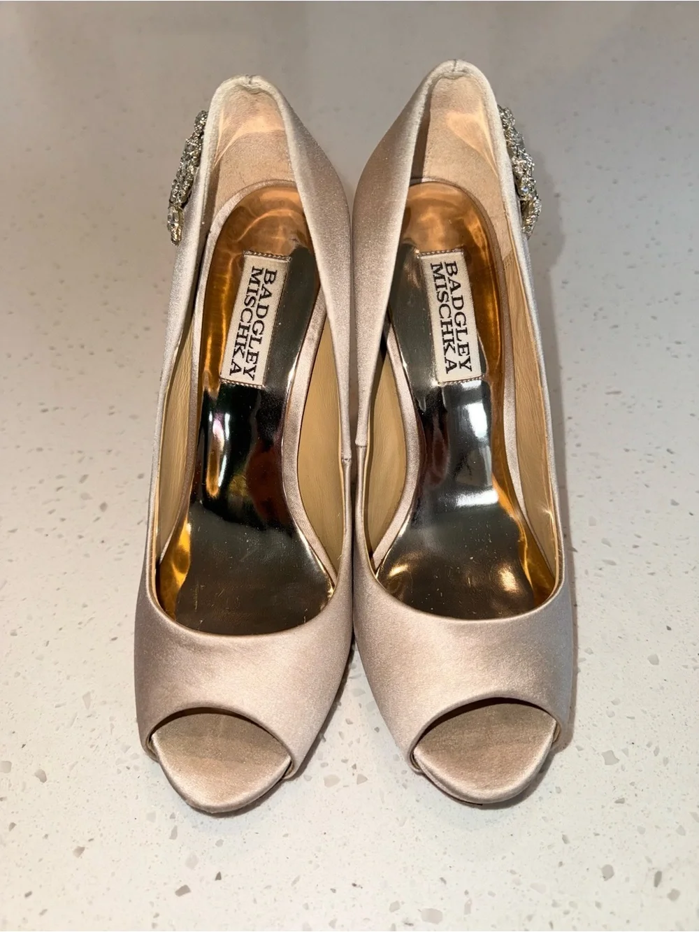 Badgley Mischka Rose Gold Satin Peep-Toe Heels with Crystal Brooches